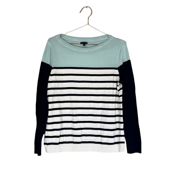Talbots Cotton Tencel colorblock Striped Sweater Navy Blue Ivory Mint Green - Picture 2 of 7